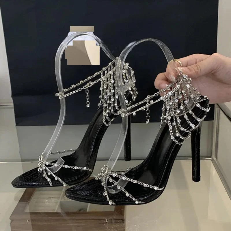 Fringe Chain Buckle Strap Pointed Toe Thin High Heels Shoes - Glova