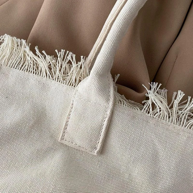 Fringe Trim Large Canvas Totes - 2 Colors - Glova