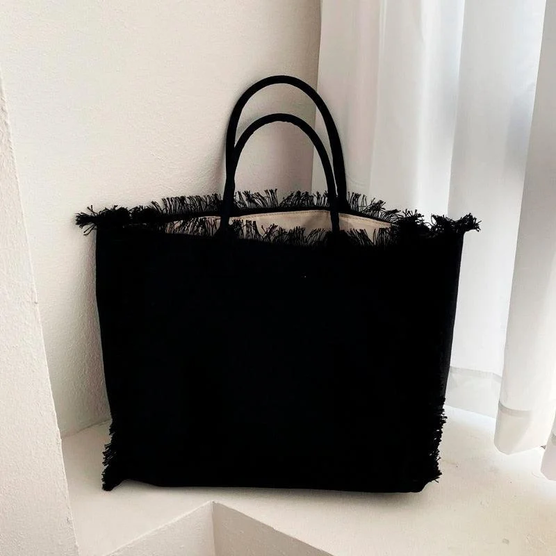 Fringe Trim Large Canvas Totes - 2 Colors - Glova