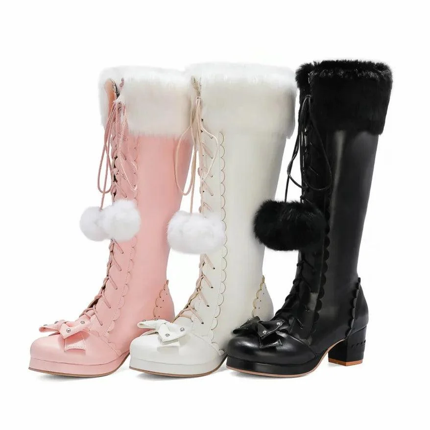 Fur Lace Up Bowtie Chunky Heel Side Zipper High Boots - Glova