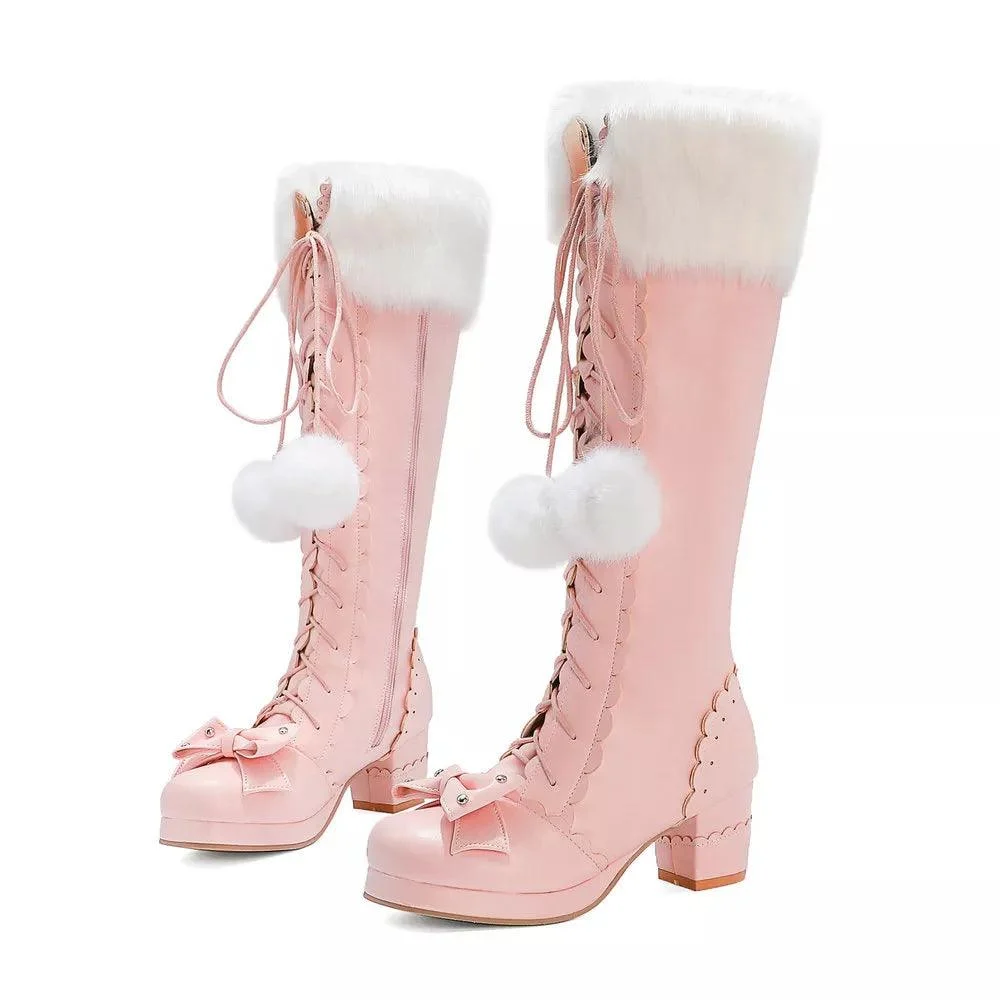 Fur Lace Up Bowtie Chunky Heel Side Zipper High Boots - Glova