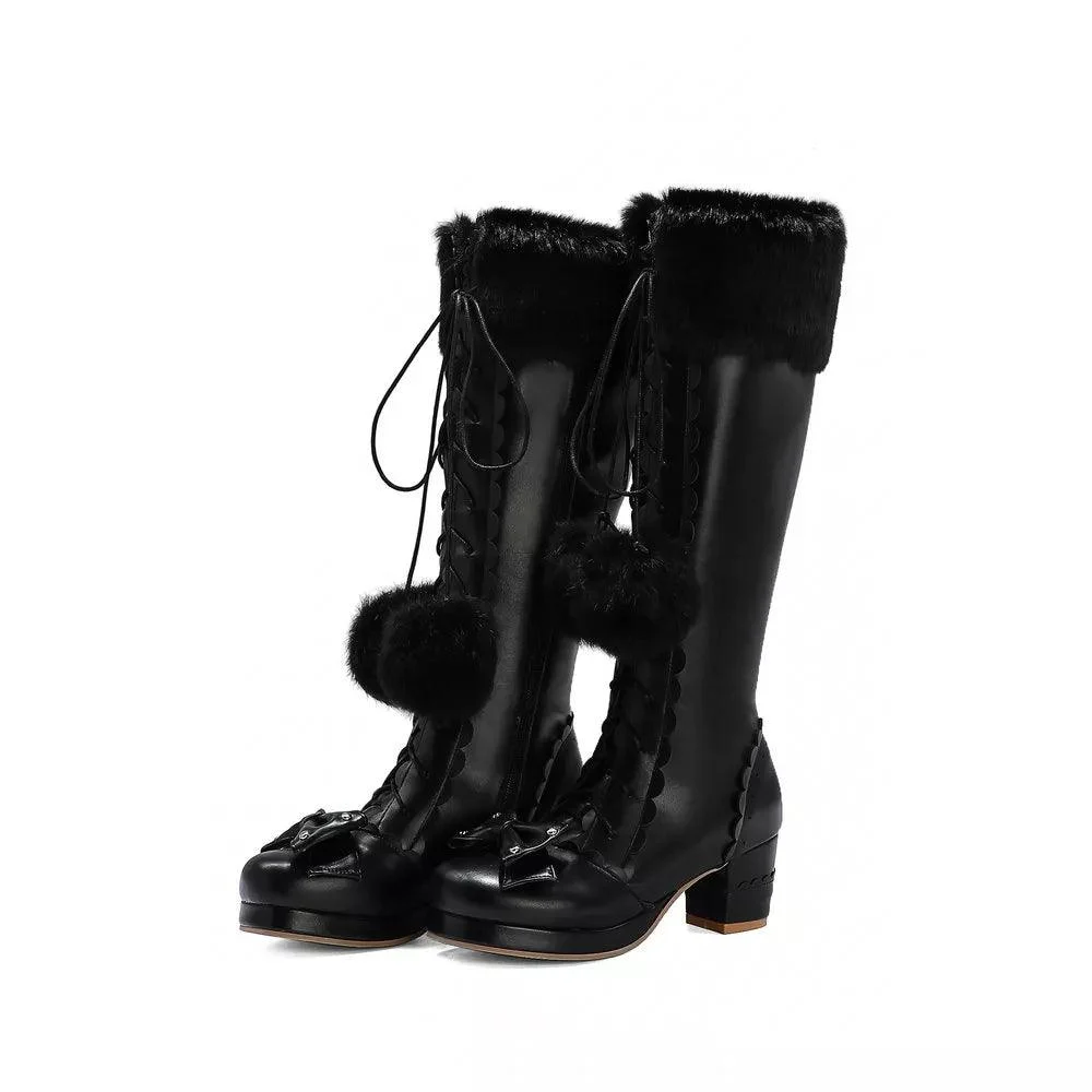 Fur Lace Up Bowtie Chunky Heel Side Zipper High Boots - Glova