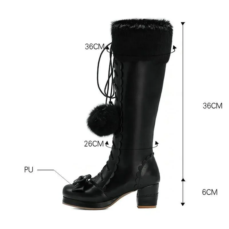 Fur Lace Up Bowtie Chunky Heel Side Zipper High Boots - Glova