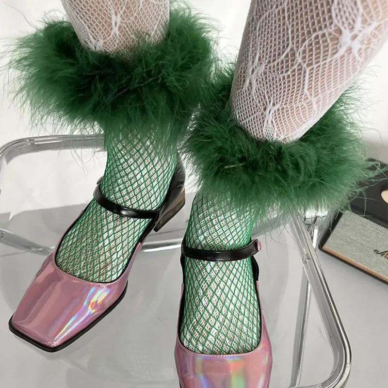 Furry Feather Trim Fishnet Socks - Glova