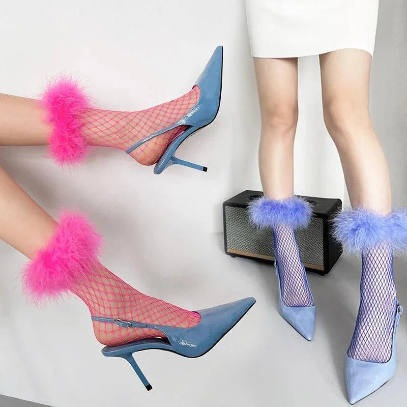 Furry Feather Trim Fishnet Socks - Glova