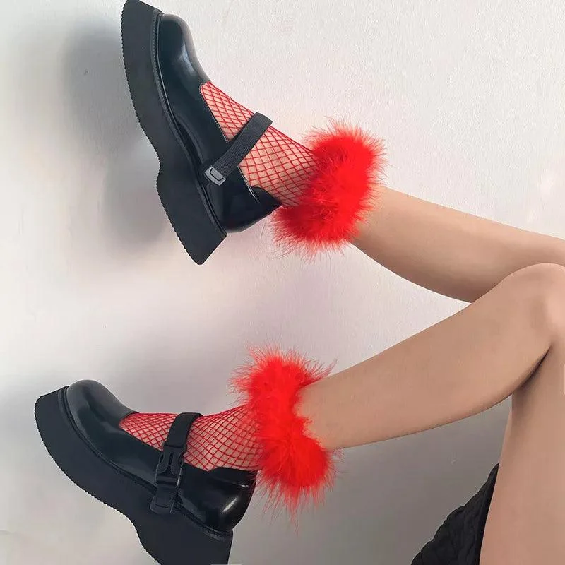 Furry Feather Trim Fishnet Socks - Glova