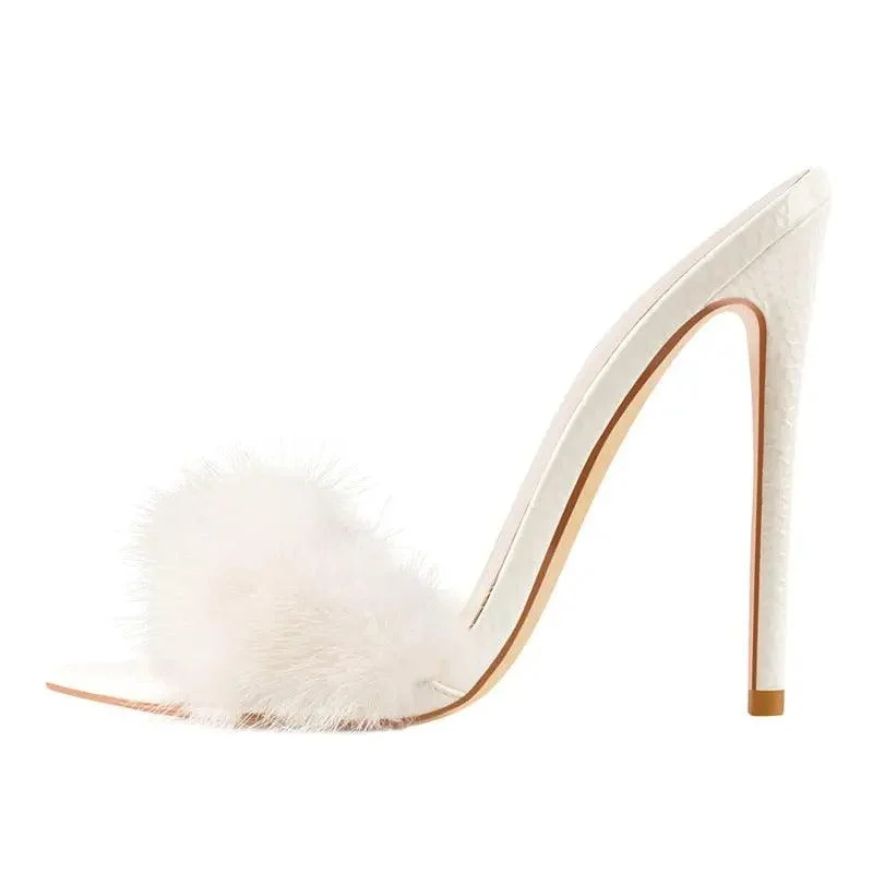 Furry Thin High Heeled Peep Toe Sandals - Glova