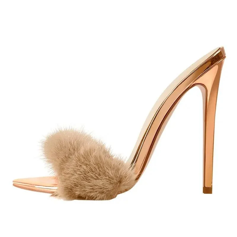 Furry Thin High Heeled Peep Toe Sandals - Glova