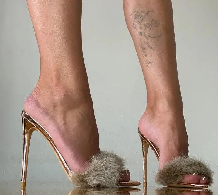 Furry Thin High Heeled Peep Toe Sandals - Glova