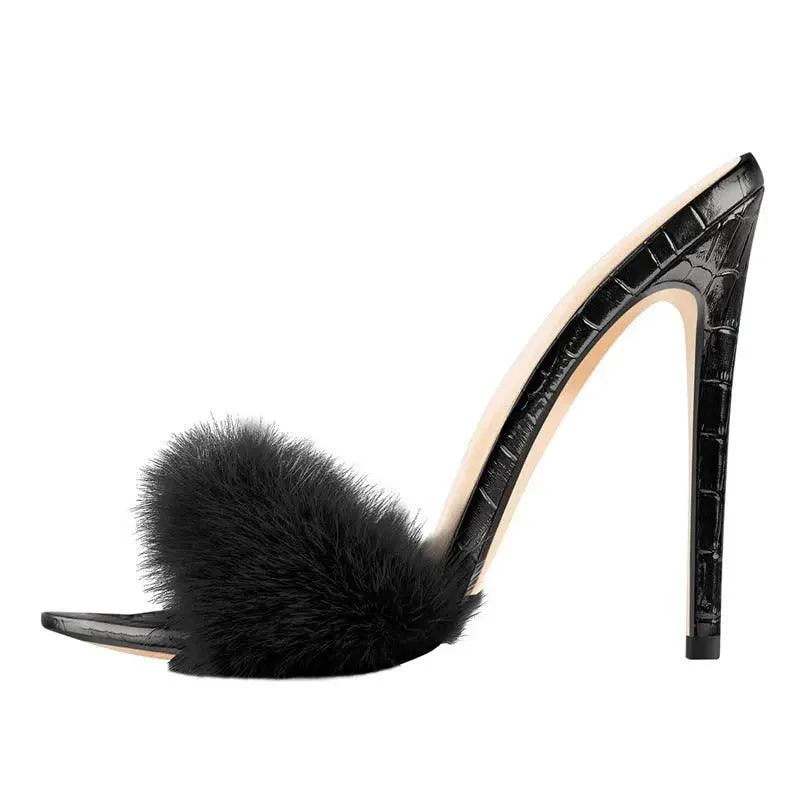 Furry Thin High Heeled Peep Toe Sandals - Glova