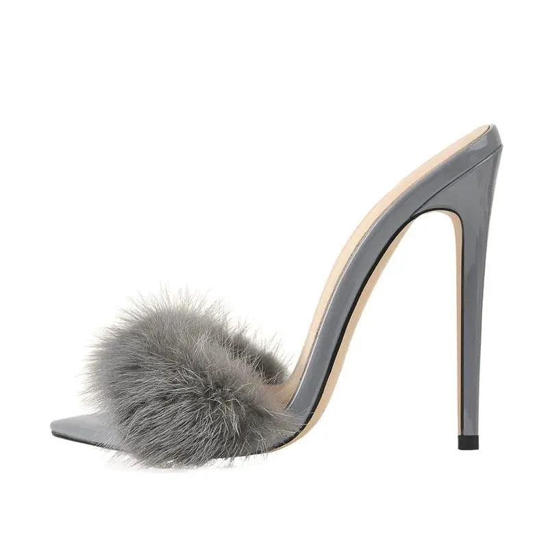 Furry Thin High Heeled Peep Toe Sandals - Glova