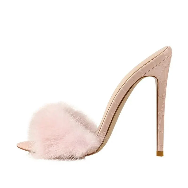 Furry Thin High Heeled Peep Toe Sandals - Glova