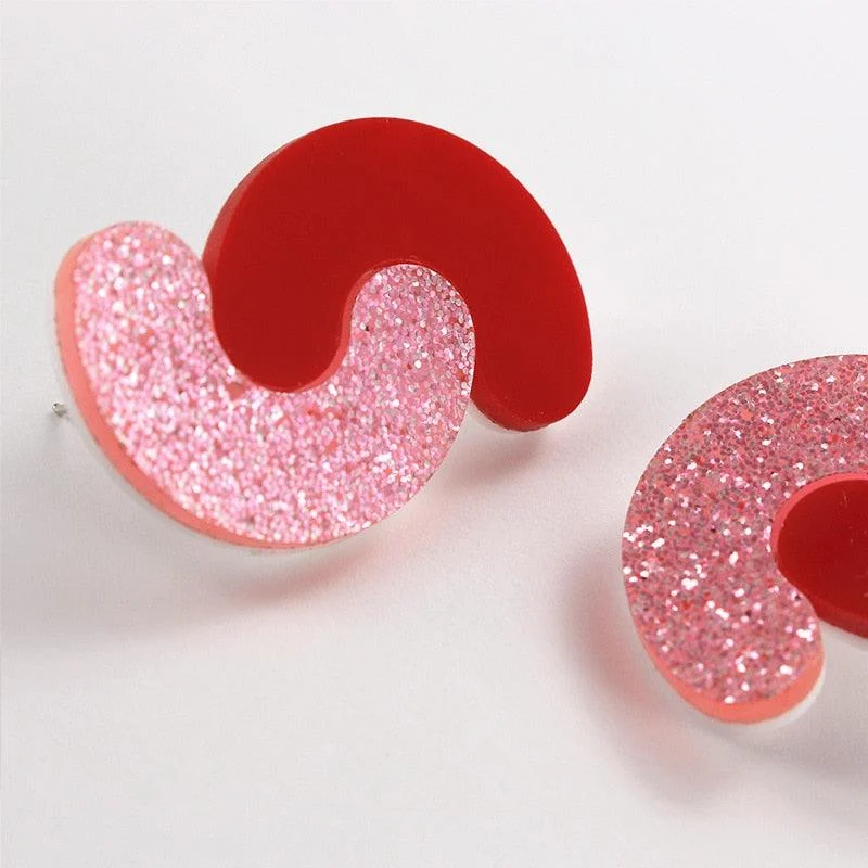 Geometric Red and Glitter Pink Resin Stud Earrings - Glova