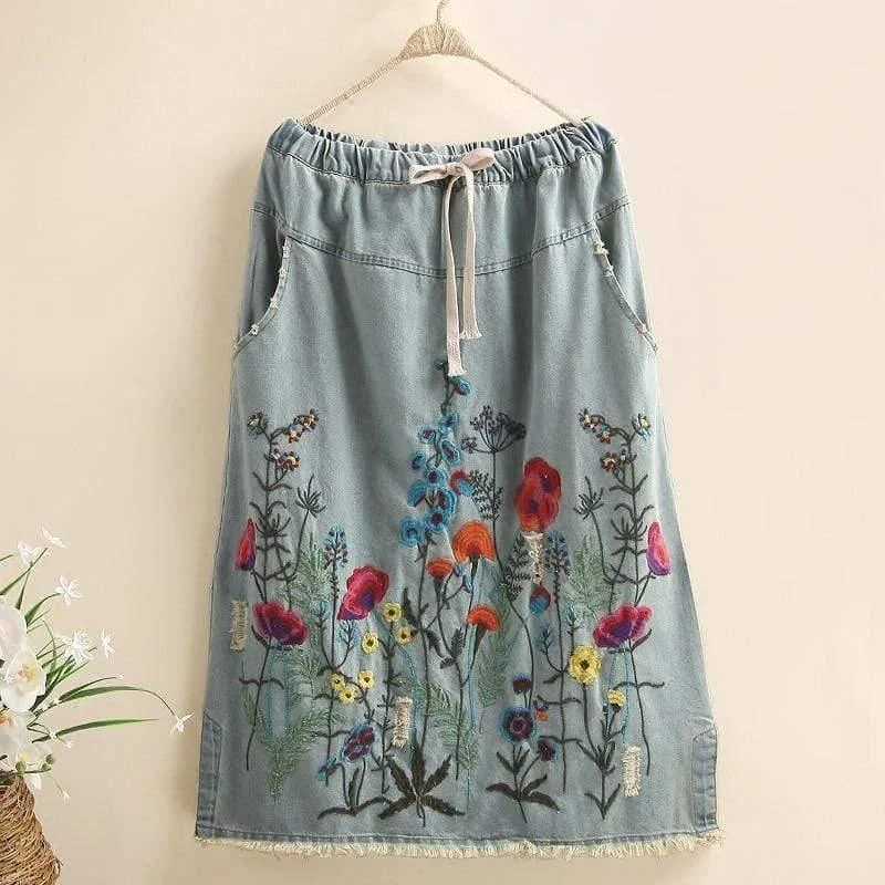 Gigi Embroidered Detail Denim Skirt - Glova