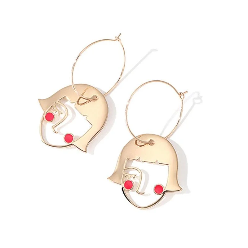 Girl Face Figure Pendant Hoop Earrings - Glova