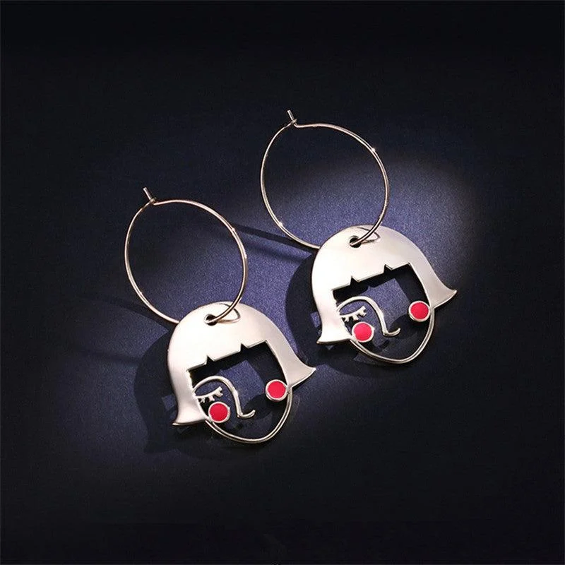 Girl Face Figure Pendant Hoop Earrings - Glova