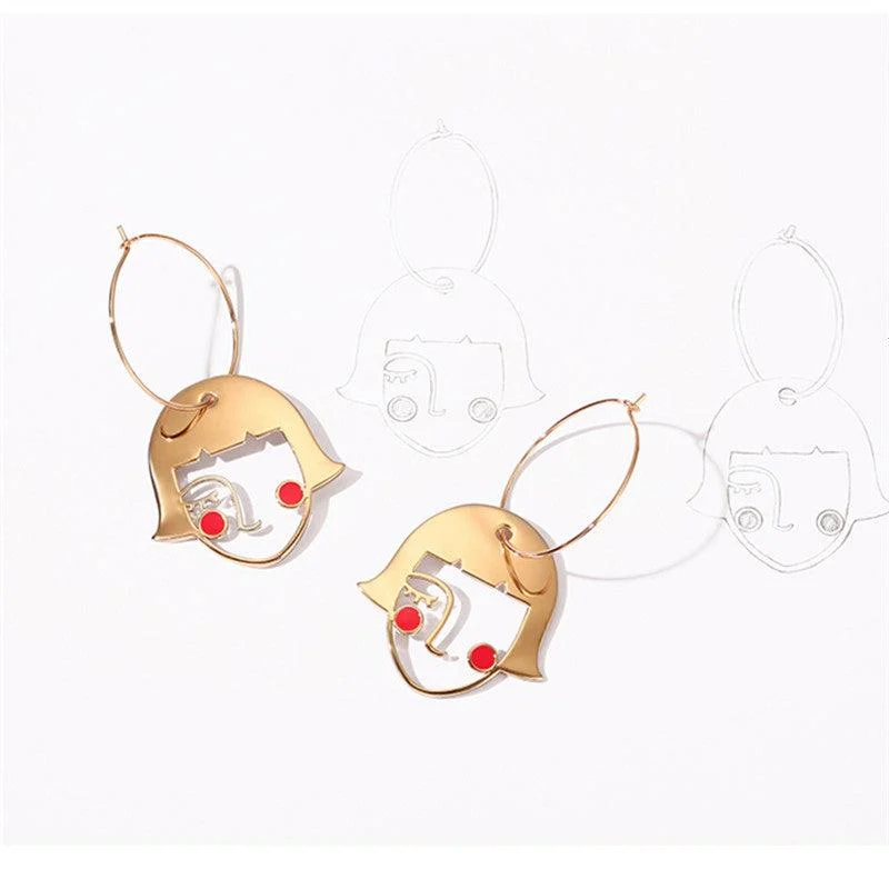 Girl Face Figure Pendant Hoop Earrings - Glova