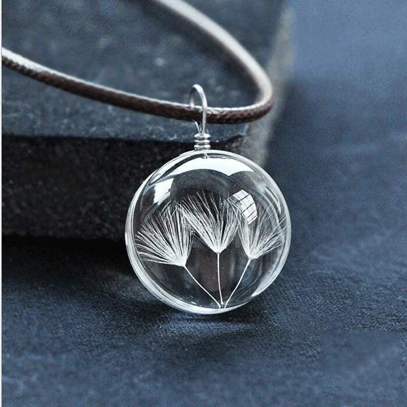 Glass Ball Dried Dandelion Pendant Necklace - Glova