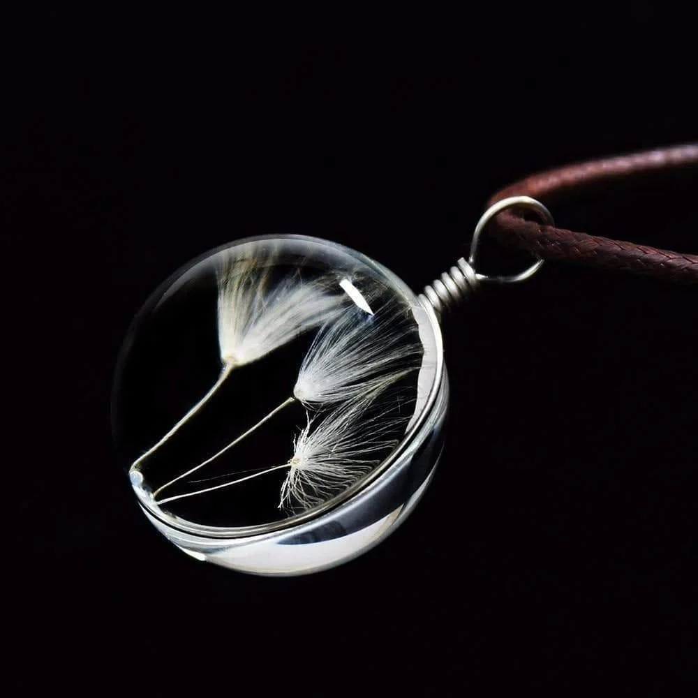 Glass Ball Dried Dandelion Pendant Necklace - Glova