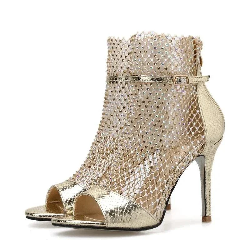 Glitter Rhinestone Mesh Ankle High Heels Peep-toe Pumps Shoes - Glova