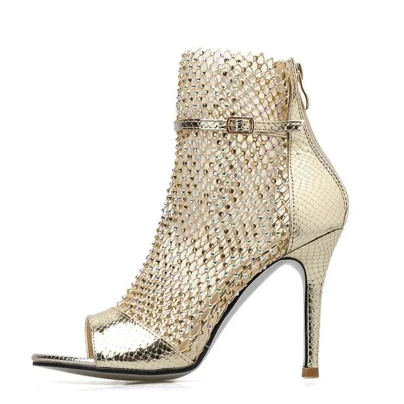 Glitter Rhinestone Mesh Ankle High Heels Peep-toe Pumps Shoes - Glova