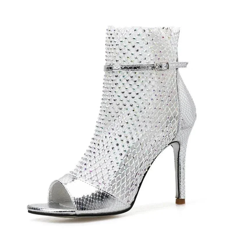 Glitter Rhinestone Mesh Ankle High Heels Peep-toe Pumps Shoes - Glova