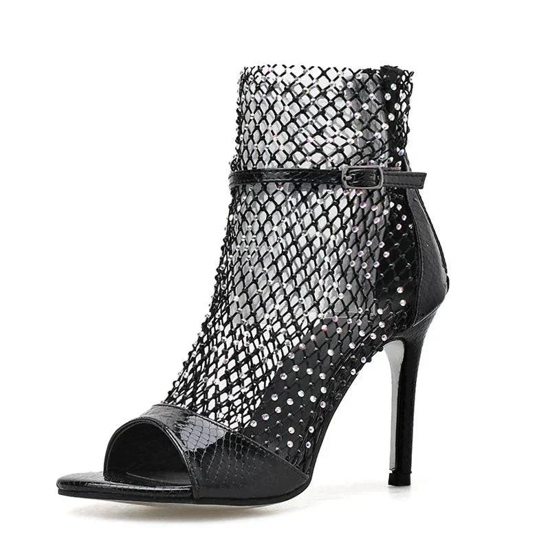 Glitter Rhinestone Mesh Ankle High Heels Peep-toe Pumps Shoes - Glova