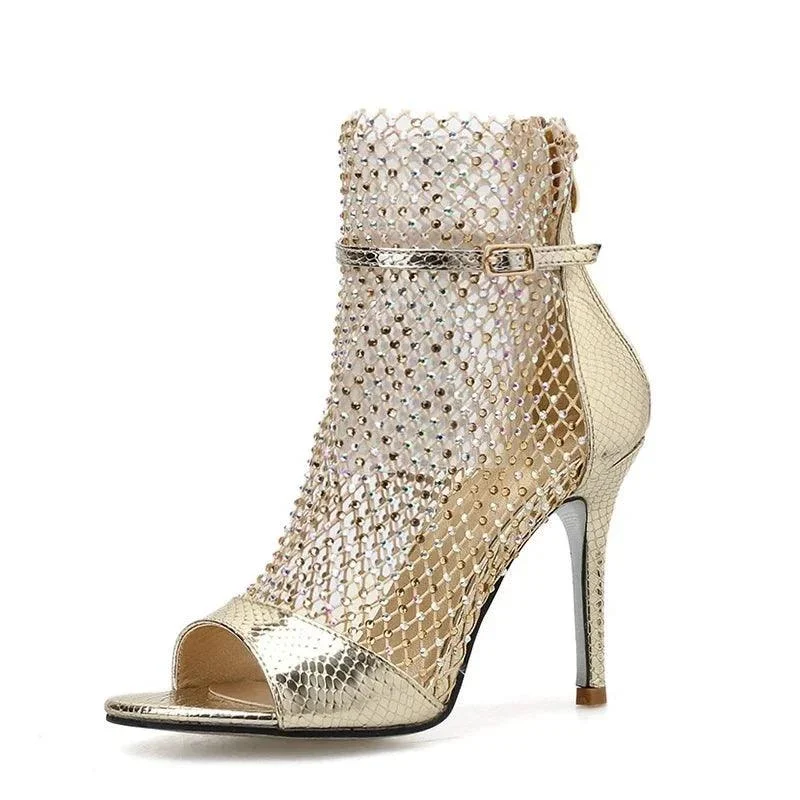 Glitter Rhinestone Mesh Ankle High Heels Peep-toe Pumps Shoes - Glova