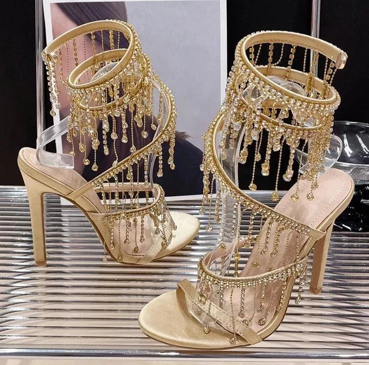 Golden Rhinestones Peep Toe High Heels Crystal Shoes - Glova