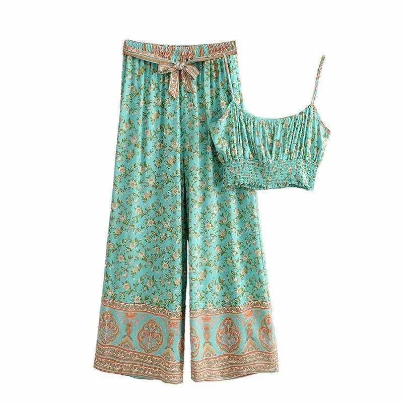 Green Floral Matching Cotton Pant Set - Glova