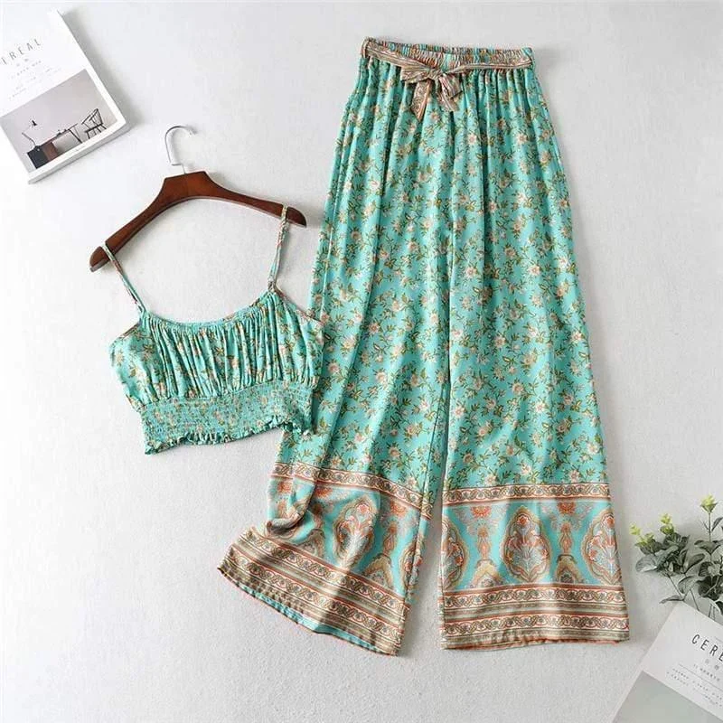 Green Floral Matching Cotton Pant Set - Glova