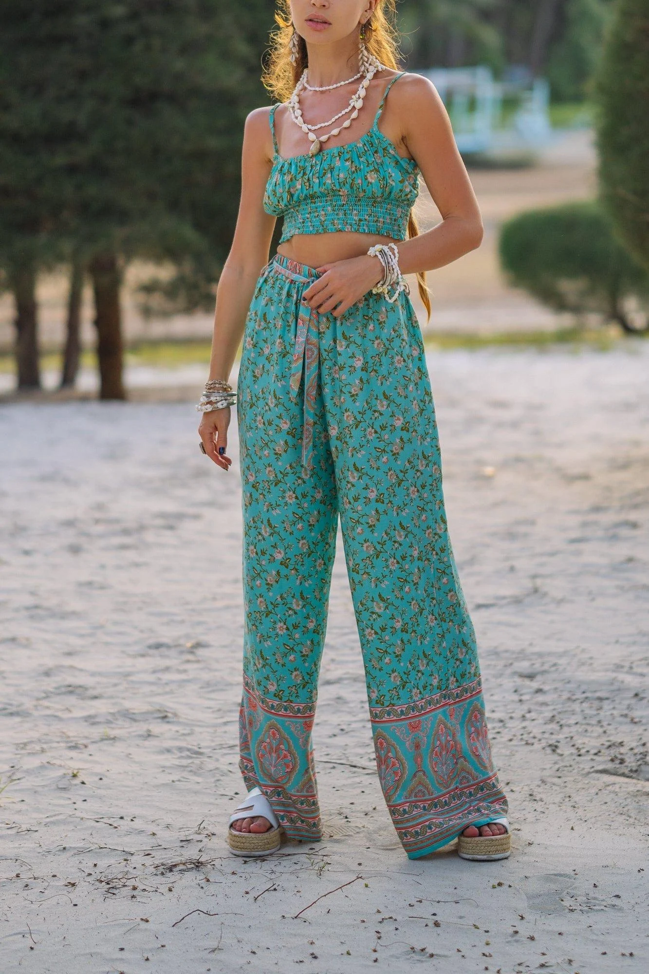 Green Floral Matching Cotton Pant Set - Glova