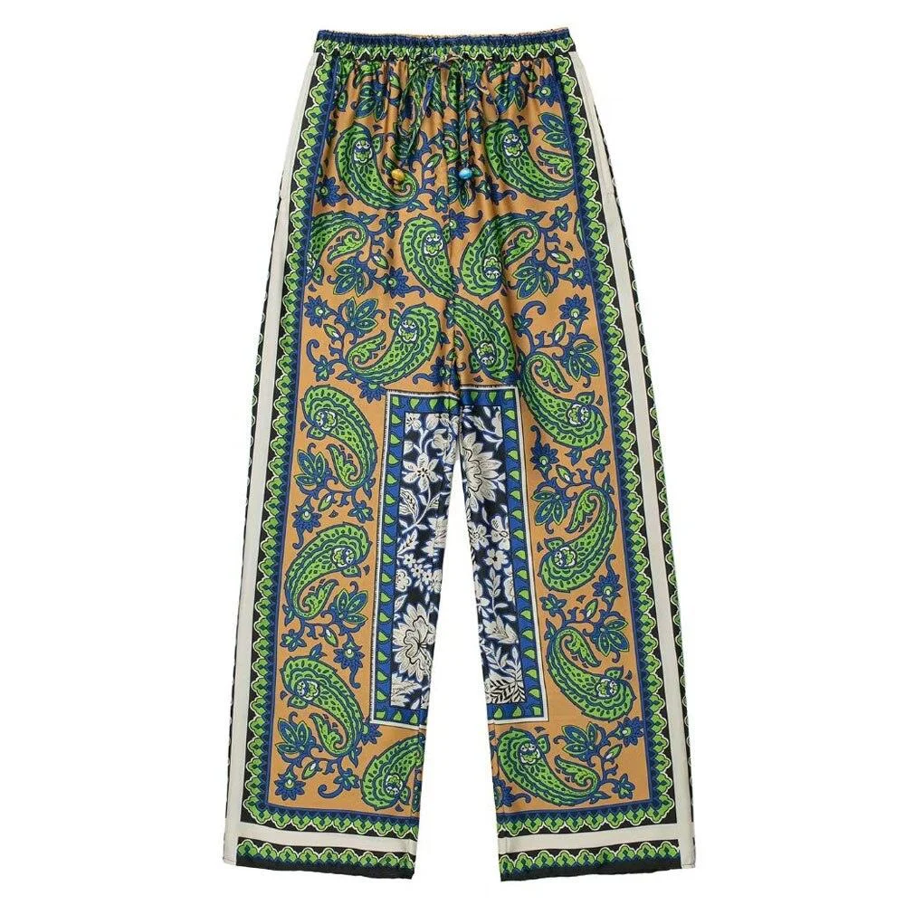 Green Paisley Printed Wide Leg Pants - Glova