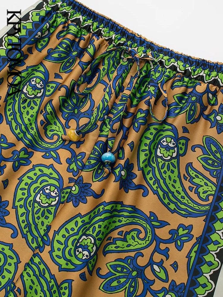 Green Paisley Printed Wide Leg Pants - Glova