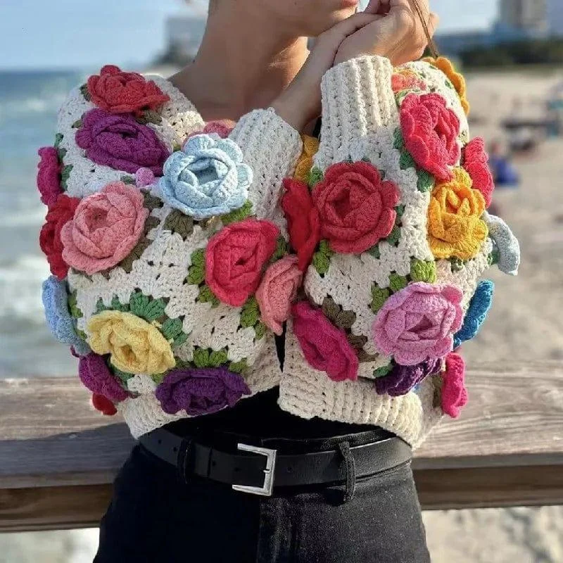 Hand-Crocheted 3D Flower Boho Cardigan - Glova