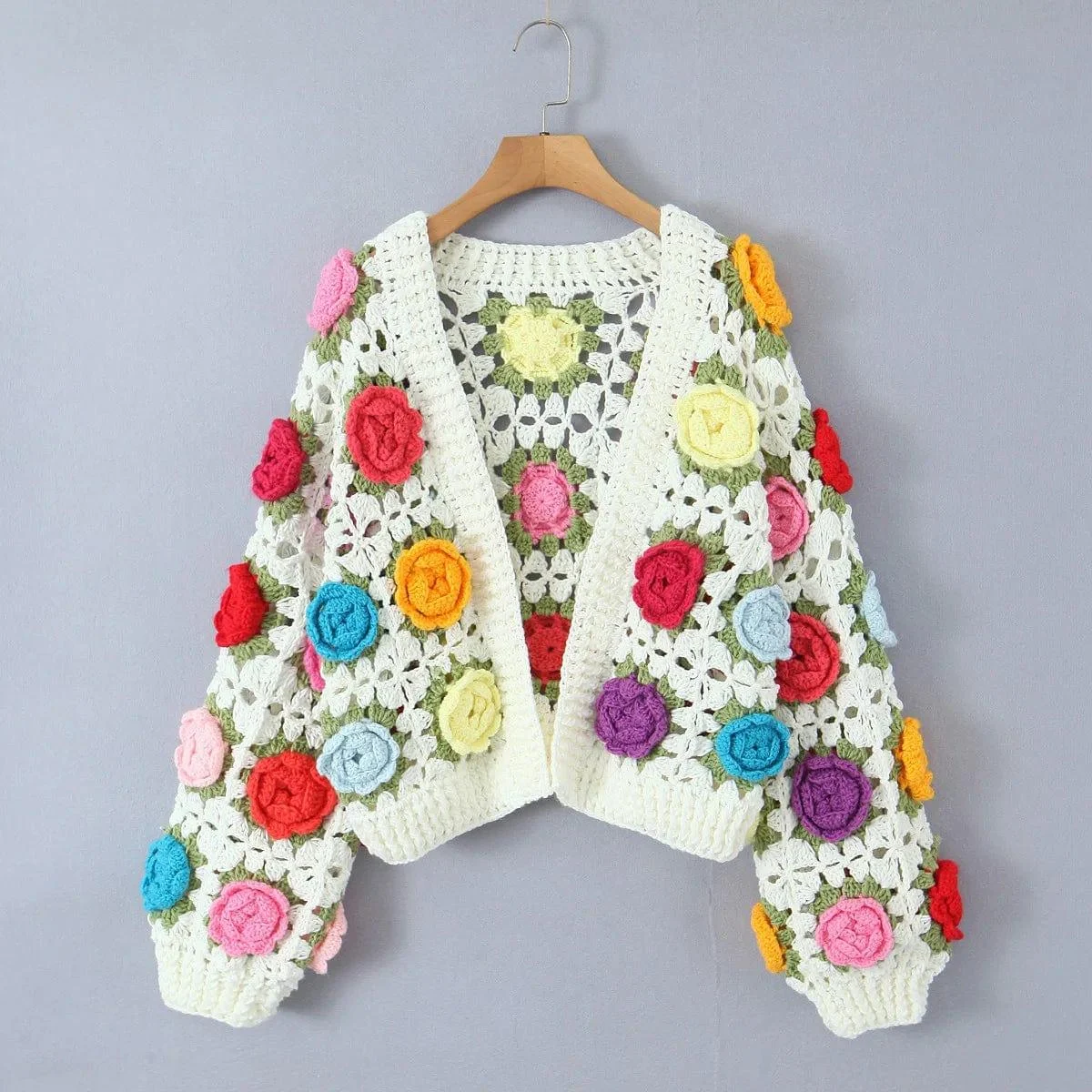 Hand-Crocheted 3D Flower Boho Cardigan - Glova