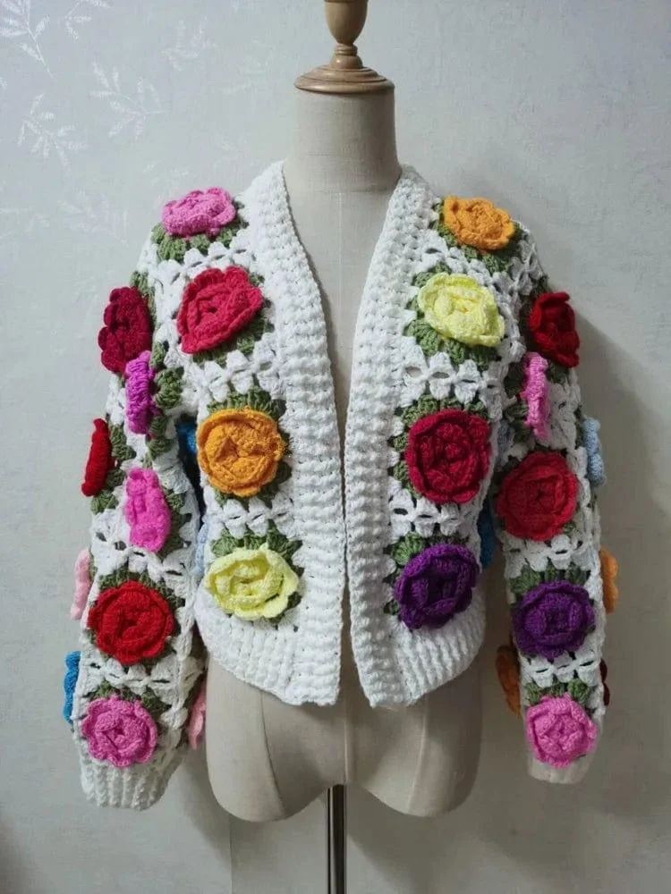 Hand-Crocheted 3D Flower Boho Cardigan - Glova