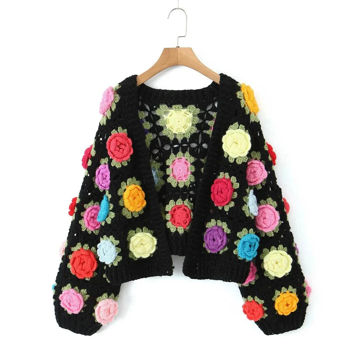 Hand-Crocheted 3D Flower Boho Cardigan - Glova