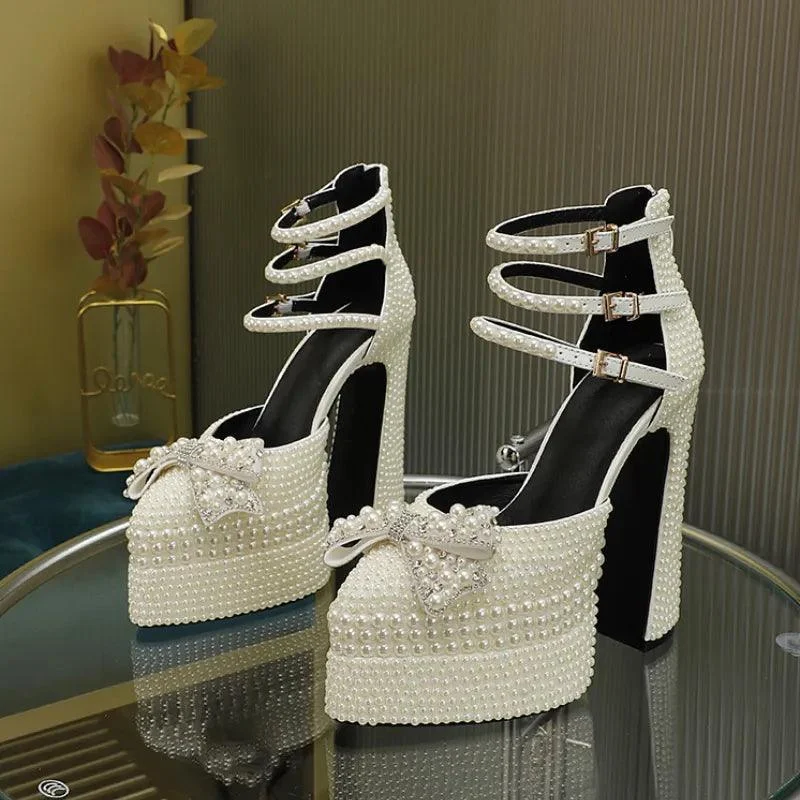 Hand Inlaid Pearl Bow Platfor Heel Wedding Bridal Shoes - Glova