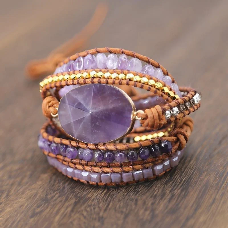 Handmade Faceted Amethyst Leather Wrap Bracelet - Glova