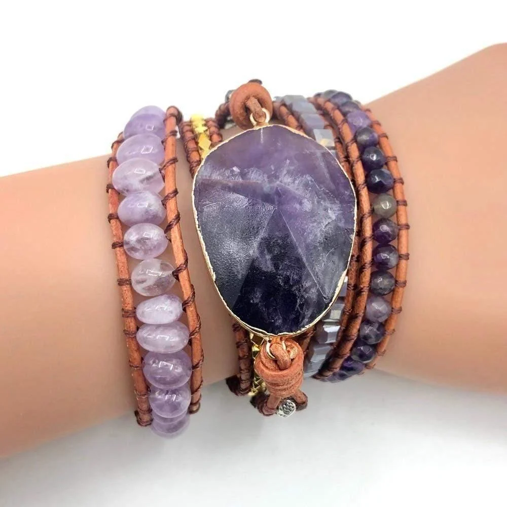 Handmade Faceted Amethyst Leather Wrap Bracelet - Glova