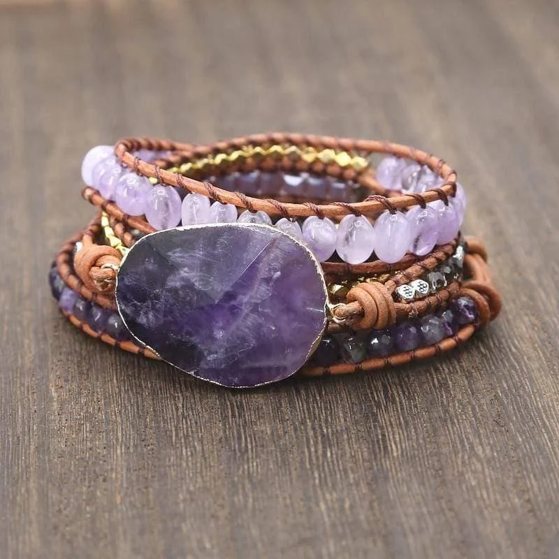 Handmade Faceted Amethyst Leather Wrap Bracelet - Glova