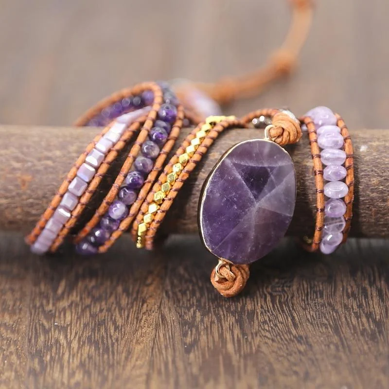 Handmade Faceted Amethyst Leather Wrap Bracelet - Glova