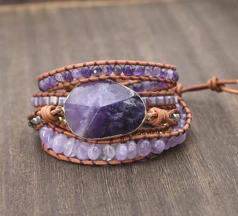 Handmade Faceted Amethyst Leather Wrap Bracelet - Glova