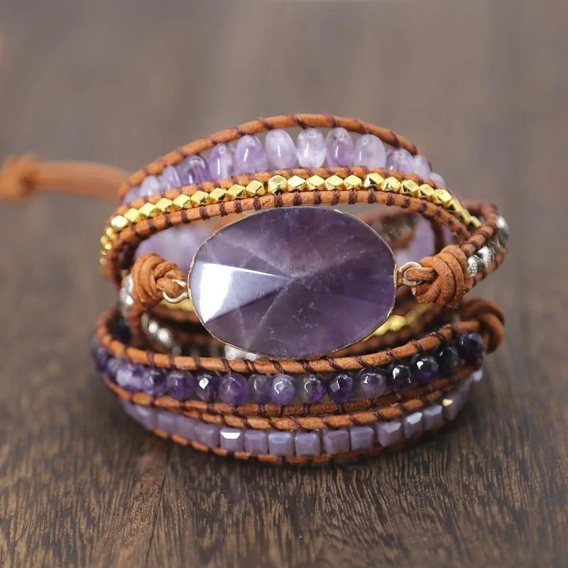 Handmade Faceted Amethyst Leather Wrap Bracelet - Glova