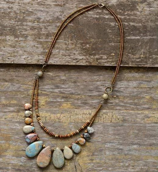 Handmade Natural Agate & Jasper Multi-Layer Necklace - Glova