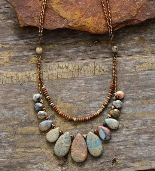 Handmade Natural Agate & Jasper Multi-Layer Necklace - Glova