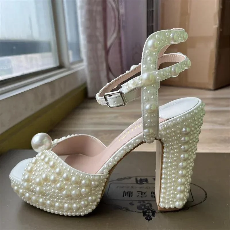 Handmade Pearl Thick Heeled Fish Mouth Women's Shoes - Glova