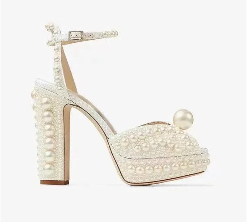 Handmade Pearl Thick Heeled Fish Mouth Women's Shoes - Glova