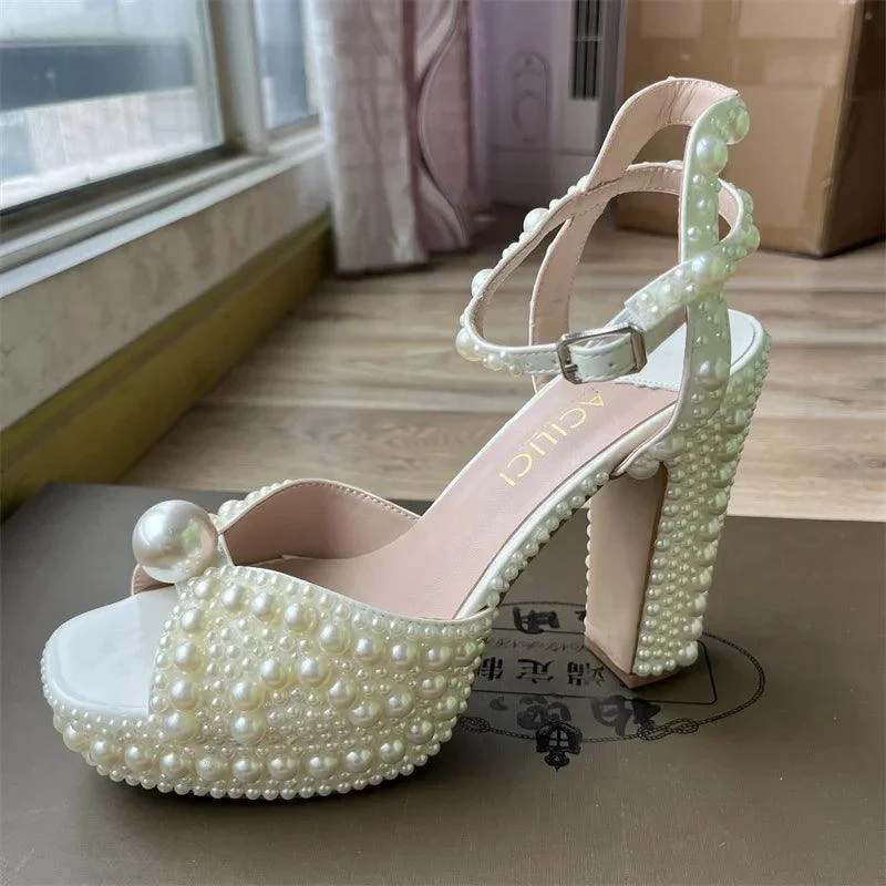 Handmade Pearl Thick Heeled Fish Mouth Women's Shoes - Glova